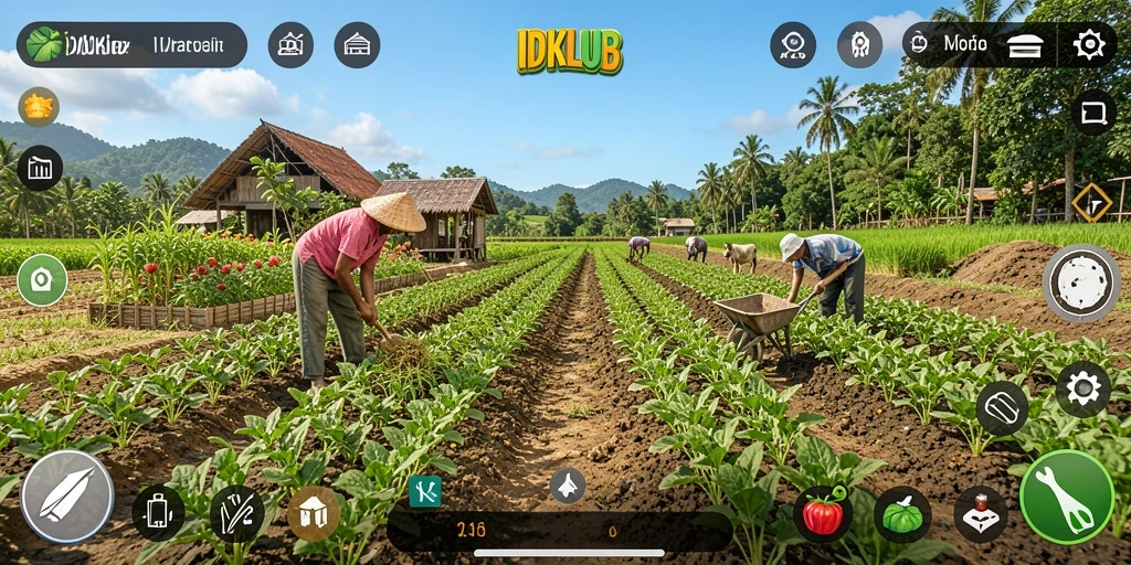Tampilan gameplay seru di IDKLUB dengan ladang yang hijau dan hewan ternak.