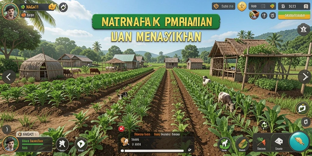 Screenshot gameplay NAGA11 menampilkan ladang subur dan hewan ternak.